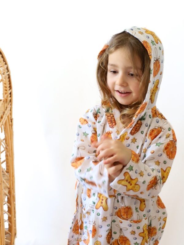 birlik1952 2 kat müslin kumaş gauze bathrobe robe bornoz baby child baskılı printed whosale toptan tekstil denizli portakal christmas orange cookie