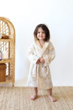 birlik1952 3 kat müslin kumaş gauze bathrobe robe bornoz baby child baskılı printed whosale jakarlı jaquard toptan tekstil denizli moon yellow