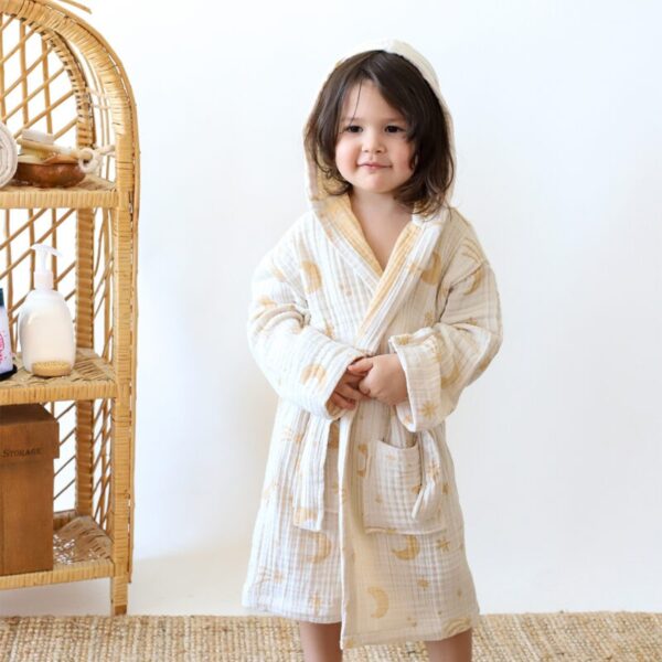 birlik1952 3 kat müslin kumaş gauze bathrobe robe bornoz baby child baskılı printed whosale jakarlı jaquard toptan tekstil denizli moon yellow