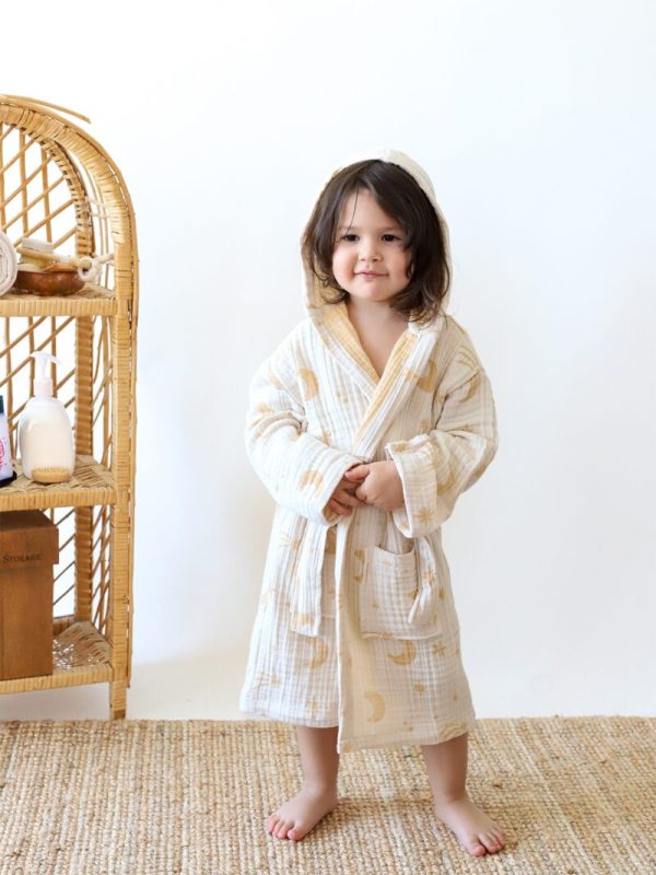 birlik1952 3 kat müslin kumaş gauze bathrobe robe bornoz baby child baskılı printed whosale jakarlı jaquard toptan tekstil denizli moon yellow
