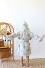 birlik1952 3 kat müslin kumaş gauze bathrobe robe bornoz baby child baskılı printed whosale jakarlı jaquard toptan tekstil denizli rainbow sun gökkuşağı güneş turkuaz
