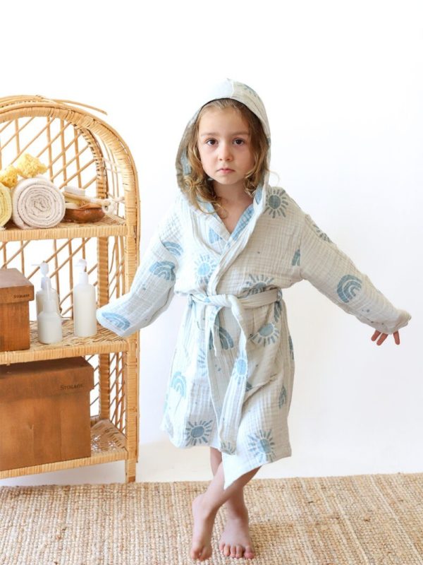 birlik1952 3 kat müslin kumaş gauze bathrobe robe bornoz baby child baskılı printed whosale jakarlı jaquard toptan tekstil denizli rainbow sun gökkuşağı güneş turkuaz