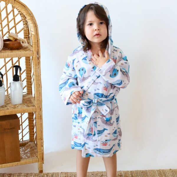 birlik1952 2 kat müslin kumaş gauze bathrobe robe bornoz baby child baskılı printed whosale toptan tekstil denizli balina ahtapot octopus whale sea world