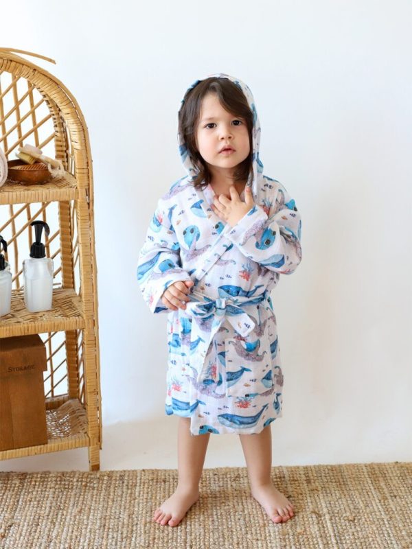 birlik1952 2 kat müslin kumaş gauze bathrobe robe bornoz baby child baskılı printed whosale toptan tekstil denizli balina ahtapot octopus whale sea world