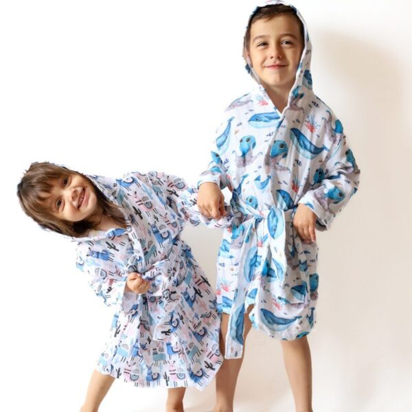 birlik1952 2 kat müslin kumaş gauze bathrobe robe bornoz baby child baskılı printed whosale toptan tekstil denizli balina ahtapot octopus whale sea world