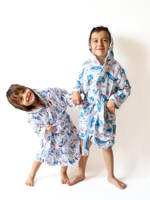 birlik1952 2 kat müslin kumaş gauze bathrobe robe bornoz baby child baskılı printed whosale toptan tekstil denizli balina ahtapot octopus whale sea world