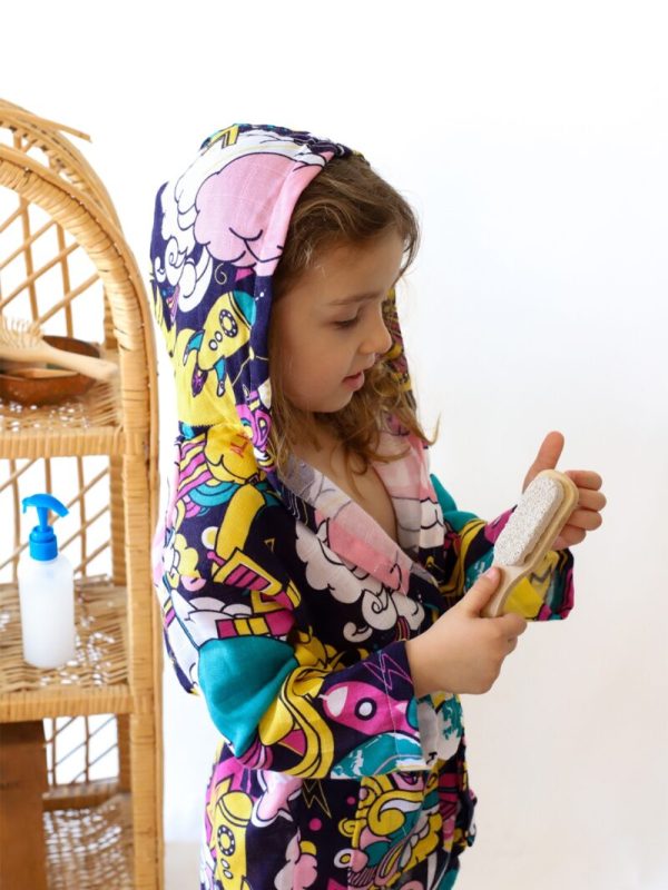 birlik1952 2 kat müslin kumaş gauze bathrobe robe bornoz baby child baskılı printed whosale toptan tekstil denizli space uzay bang