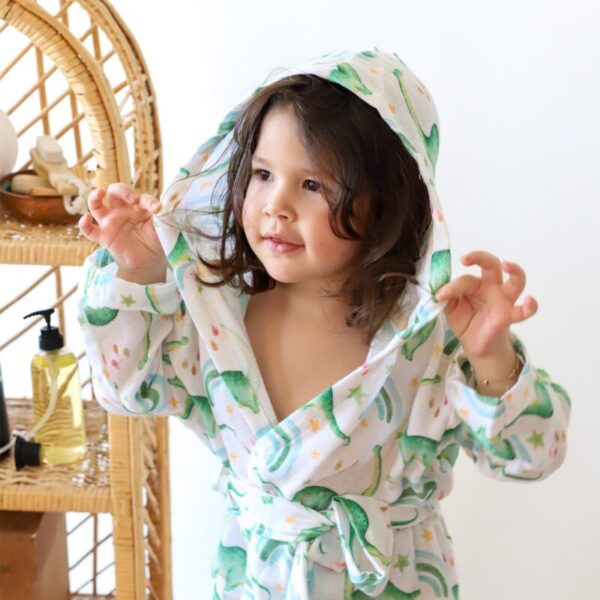 birlik1952 2 kat müslin kumaş gauze bathrobe robe bornoz baby child baskılı printed whosale toptan tekstil denizli rainbow dino gökkuşağı dinozor