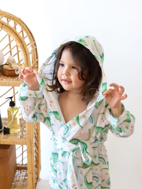 birlik1952 2 kat müslin kumaş gauze bathrobe robe bornoz baby child baskılı printed whosale toptan tekstil denizli rainbow dino gökkuşağı dinozor