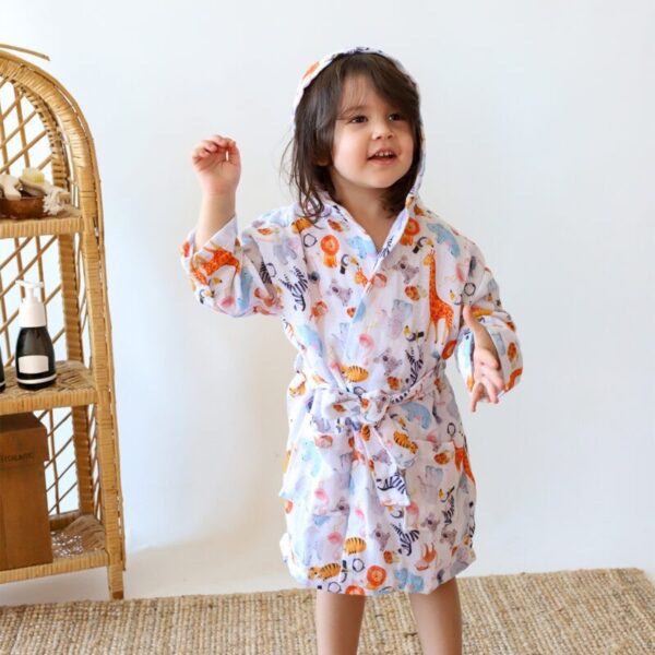 birlik1952 2 kat müslin kumaş gauze bathrobe robe bornoz baby child baskılı printed whosale toptan tekstil denizli zoo hayvanat bahçesi