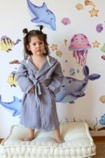 birlik1952 bebek müslin muslin çocuk bornozu 4 kat gauze layer baby child robe bathrobe turkey whosale gri grey