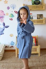 birlik1952 bebek müslin muslinçocuk bornozu 4 kat gauze layer baby child robe bathrobe turkey whosale indigo blue mavi