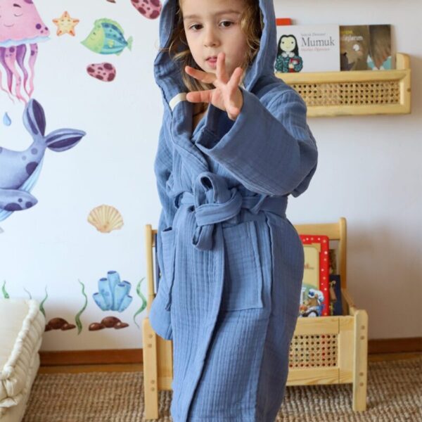 birlik1952 bebek müslin muslinçocuk bornozu 4 kat gauze layer baby child robe bathrobe turkey whosale indigo blue mavi