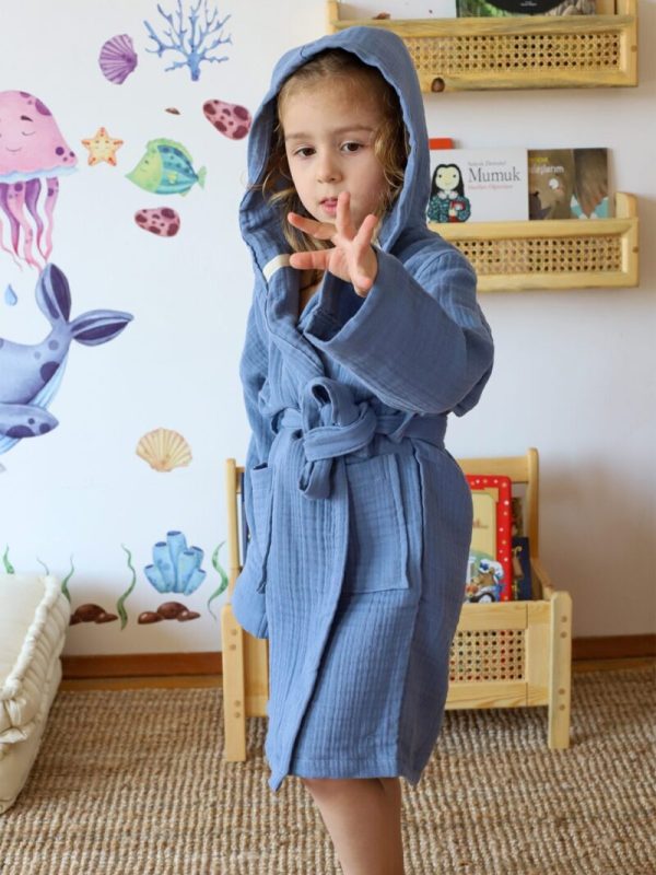 birlik1952 bebek müslin muslinçocuk bornozu 4 kat gauze layer baby child robe bathrobe turkey whosale indigo blue mavi