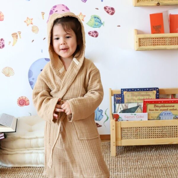 birlik1952 bebek müslin muslinçocuk bornozu 4 kat gauze layer baby child robe bathrobe turkey whosale latte brown kahverengi