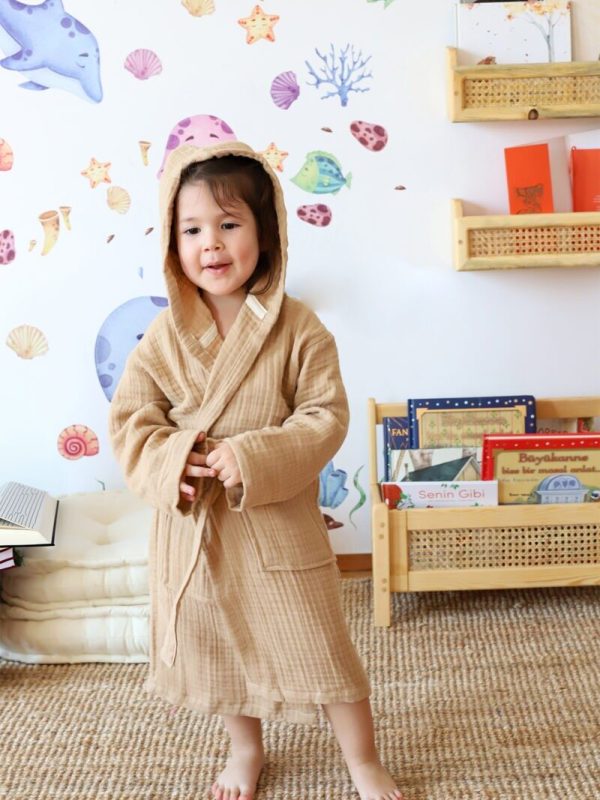 birlik1952 bebek müslin muslinçocuk bornozu 4 kat gauze layer baby child robe bathrobe turkey whosale latte brown kahverengi