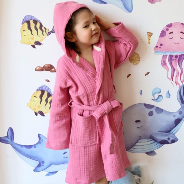 birlik1952 bebek müslin muslin çocuk bornozu 4 kat gauze layer baby child robe bathrobe turkey whosale sweet pink şeker pembe