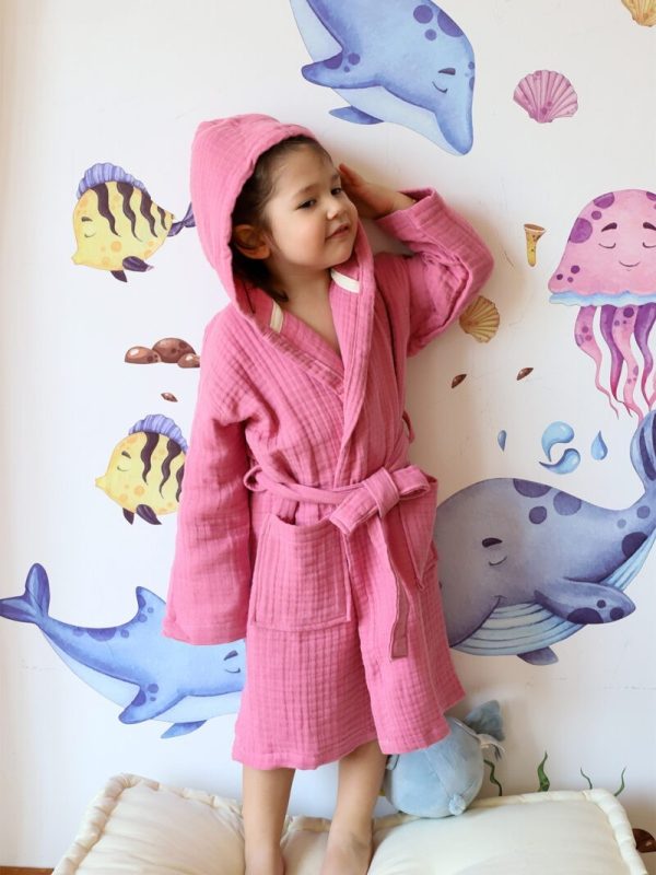 birlik1952 bebek müslin muslin çocuk bornozu 4 kat gauze layer baby child robe bathrobe turkey whosale sweet pink şeker pembe