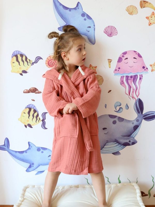 birlik1952 bebek müslin muslin çocuk bornozu 4 kat gauze layer baby child robe bathrobe turkey whosale terracota kiremit