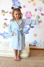 birlik1952 bebek müslin muslin çocuk bornozu 4 kat gauze layer baby child robe bathrobe turkey whosale mavi turkuaz
