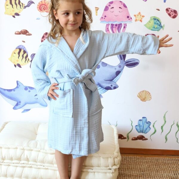 birlik1952 bebek müslin muslin çocuk bornozu 4 kat gauze layer baby child robe bathrobe turkey whosale mavi turkuaz