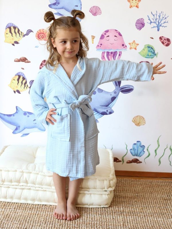 birlik1952 bebek müslin muslin çocuk bornozu 4 kat gauze layer baby child robe bathrobe turkey whosale mavi turkuaz