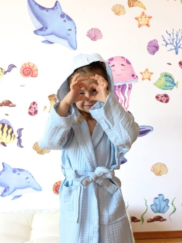 birlik1952 bebek müslin muslin çocuk bornozu 4 kat gauze layer baby child robe bathrobe turkey whosale mavi turkuaz