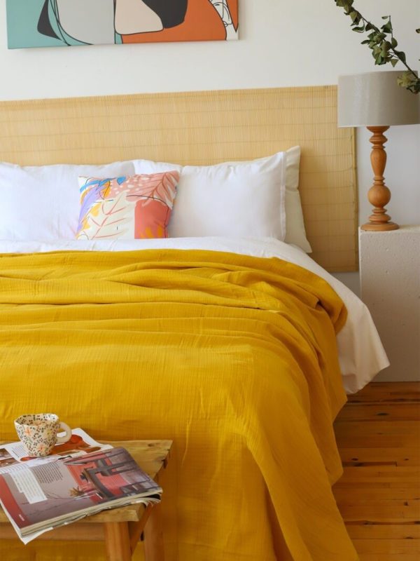 birlik1952 müslin yatak örtüsü pike bedspread 4 layer gauze muslin swaddle cotton whosale hardal mustard yellow sarı