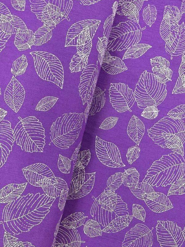 birlik1952 şile bezi buldan fabric naturel whosale kumaş rize pamuklu elbiselik elbise kumaşı baskılı printed sarı yapraklar leaves mor