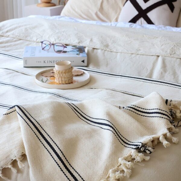 birlik1952 peştemal yatak örtüsü bedspreada pesthemal cotton hand woven naturel 3 siyah çizgi striped