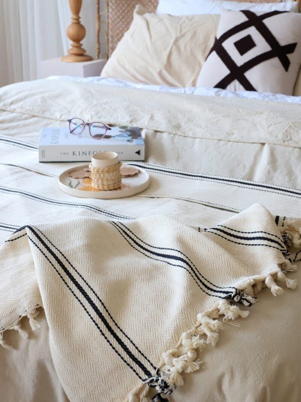 birlik1952 peştemal yatak örtüsü bedspreada pesthemal cotton hand woven naturel 3 siyah çizgi striped
