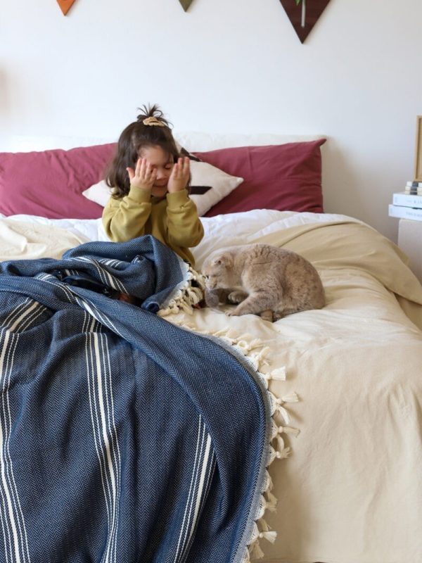 birlik1952 pestemal yatak örtüsü bedspread pesthemal cotton hand woven striped çizgili blue navy tekne yat tekstili