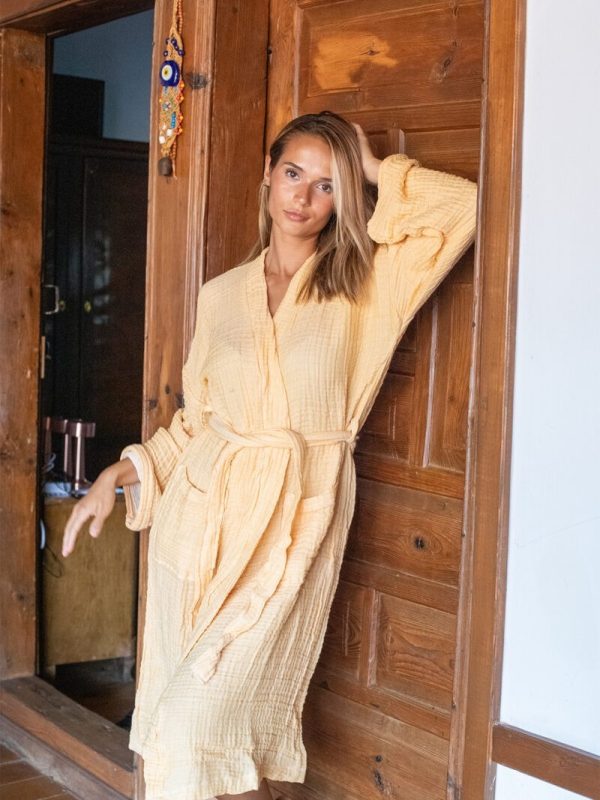 birlik1952 iplik boya müslin muslin bornoz robe bathrobe 4 gauze 4 kat layer whosale turkey sarı mustard yellow