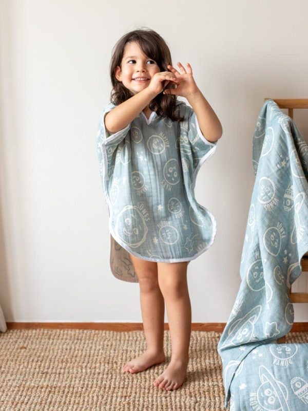 birlik1952 miniyo gezegenler müslin kumaş fabric jaquard jakarlı gauze child panço poncho cotton pamuk petrol blue mavi
