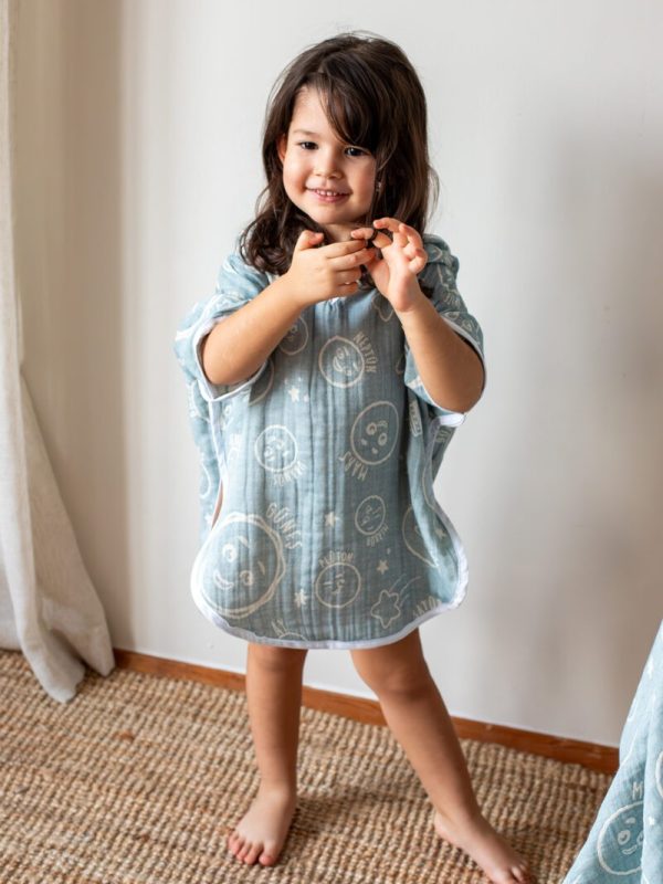 birlik1952 miniyo gezegenler müslin kumaş fabric jaquard jakarlı gauze child panço poncho cotton pamuk petrol blue mavi