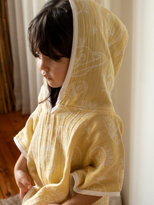 birlik1952 miniyo gezegenler müslin kumaş fabric jaquard jakarlı gauze child panço poncho cotton pamuk sarı yellow