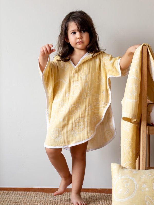 birlik1952 miniyo gezegenler müslin kumaş fabric jaquard jakarlı gauze child panço poncho cotton pamuk sarı yellow