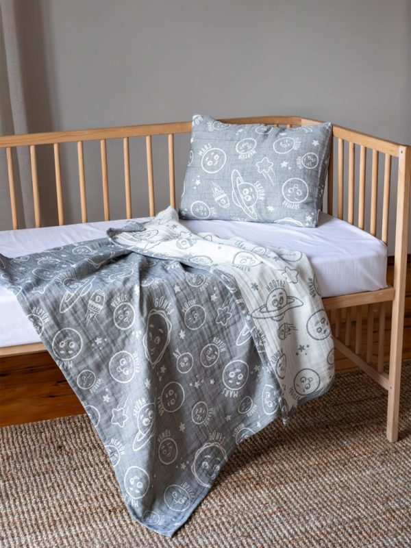 birlik1952 miniyo gezegenler müslin kumaş fabric jaquard gauze child swaddle battaniye örtü pike yastık antrasit