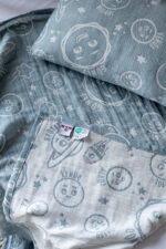 birlik1952 miniyo gezegenler müslin kumaş fabric jaquard gauze child swaddle battaniye örtü pike yastık petrol mavi blue