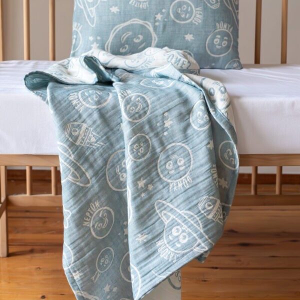 birlik1952 miniyo gezegenler müslin kumaş fabric jaquard gauze child swaddle battaniye örtü pike yastık petrol mavi blue