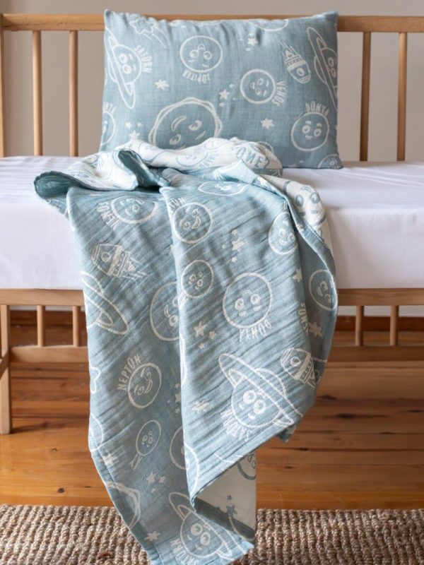 birlik1952 miniyo gezegenler müslin kumaş fabric jaquard gauze child swaddle battaniye örtü pike yastık petrol mavi blue