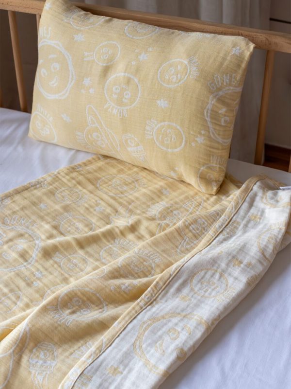 birlik1952 miniyo gezegenler müslin kumaş fabric jaquard gauze child swaddle battaniye örtü pike yastık yellow sarı