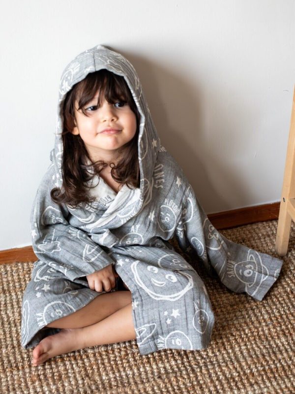 birlik1952 miniyo gezegenler space müslin muslin kumaş fabric jaquard jakarlı gauze minio collection child robe bornoz antrasit gri