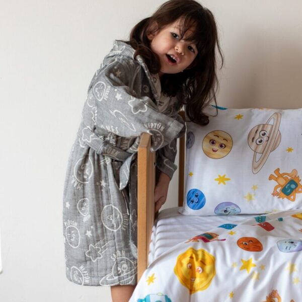 birlik1952 miniyo gezegenler space müslin muslin kumaş fabric jaquard jakarlı gauze minio collection child robe bornoz antrasit gri
