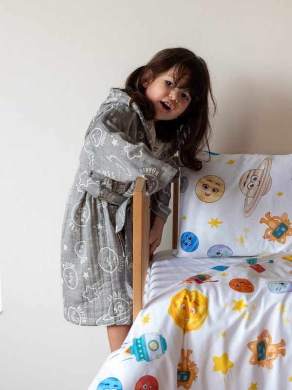 birlik1952 miniyo gezegenler space müslin muslin kumaş fabric jaquard jakarlı gauze minio collection child robe bornoz antrasit gri