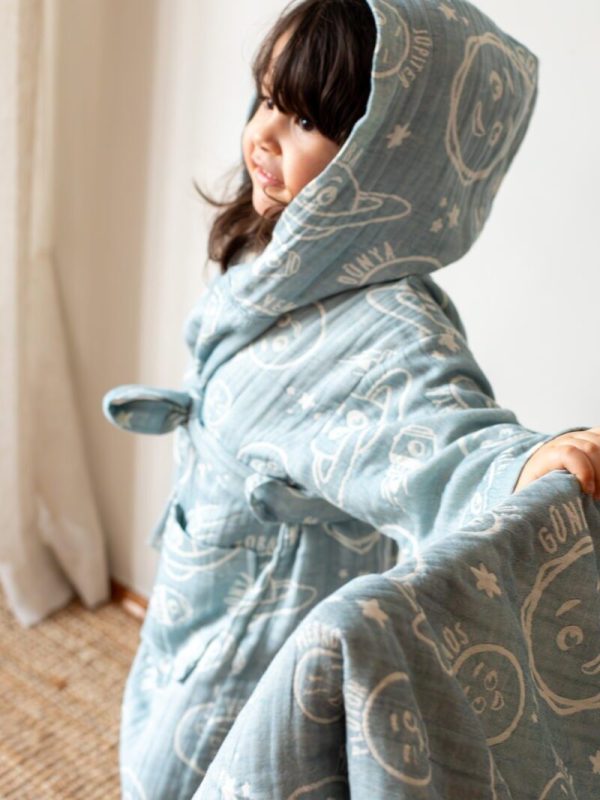 birlik1952 miniyo gezegenler space müslin muslin kumaş fabric jaquard jakarlı gauze minio collection child robe bornoz petrol blue