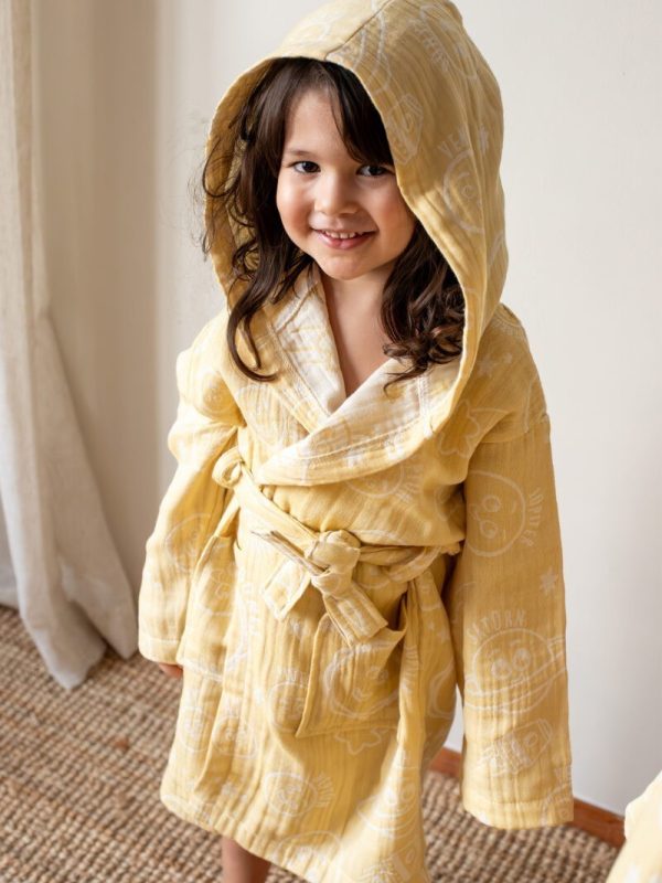 birlik1952 miniyo gezegenler space müslin muslin kumaş fabric jaquard jakarlı gauze minio collection child robe bornoz sari yellow