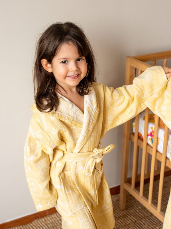 birlik1952 miniyo gezegenler space müslin muslin kumaş fabric jaquard jakarlı gauze minio collection child robe bornoz sari yellow