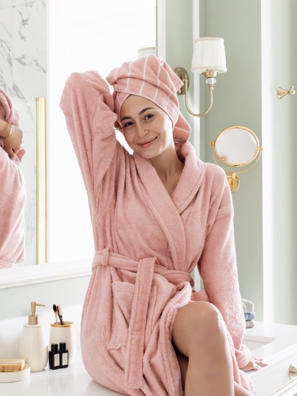 birlik1952 home1961 bukle banyo bornoz bathrobe robe bath turkish cotton hand towel set gift box hediye kutulu bornoz seti pamuklu el havlusu rose pembe pink