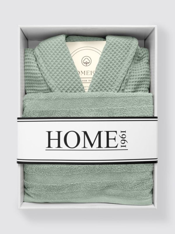 birlik1952 home1961 elmas petek pike banyo bornoz bathrobe robe bath turkish cotton hand towel set gift box hediye kutulu bornoz seti pamuklu el havlusu adaçayı sage green